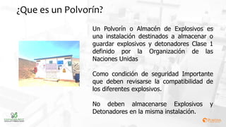 ¿Que es un Polvorín?
Un Polvorín o Almacén de Explosivos es
una instalación destinados a almacenar o
guardar explosivos y detonadores Clase 1
definido por la Organización de las
Naciones Unidas
Como condición de seguridad Importante
que deben revisarse la compatibilidad de
los diferentes explosivos.
No deben almacenarse Explosivos y
Detonadores en la misma instalación.
 