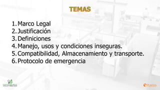 1.Marco Legal
2.Justificación
3.Definiciones
4.Manejo, usos y condiciones inseguras.
5.Compatibilidad, Almacenamiento y transporte.
6.Protocolo de emergencia
 
