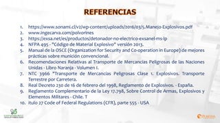 1. https://www.sonami.cl/v2/wp-content/uploads/2016/03/5.Manejo-Explosivos.pdf
2. www.ingecarva.com/polvorines
3. https://exsa.net/es/productos/detonador-no-electrico-exsanel-ms-lp
4. NFPA 495 - "Código de Material Explosivo" versión 2013.
5. Manual de la OSCE (Organization for Security and Co-operation in Europe) de mejores
prácticas sobre munición convencional.
6. Recomendaciones Relativas al Transporte de Mercancías Peligrosas de las Naciones
Unidas - Libro Naranja - Volumen I.
7. NTC 3966 "Transporte de Mercancías Peligrosas Clase 1. Explosivos. Transporte
Terrestre por Carretera.
8. Real Decreto 230 de 16 de febrero del 1998, Reglamento de Explosivos. - España.
9. Reglamento Complementario de la Ley 17.798, Sobre Control de Armas, Explosivos y
Elementos Militares - Chile. T
10. itulo 27 Code of Federal Regulations (CFR), parte 555 - USA
 