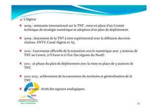 4- L’Algérie
   2009 : séminaire international sur la TNT ; mise en place d’un Comité
   technique de stratégie numérique ...