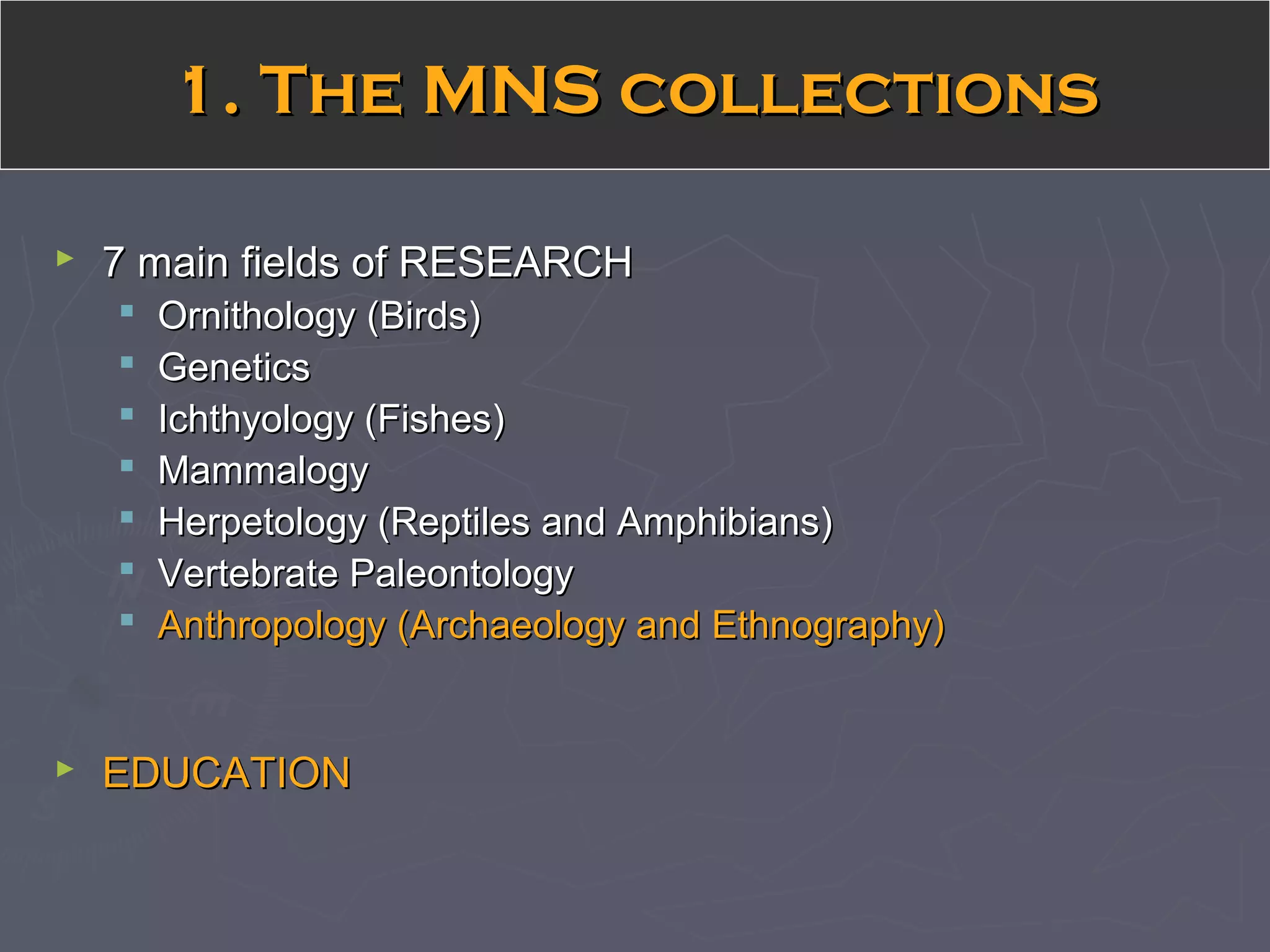  7 main fields of RESEARCH7 main fields of RESEARCH
 Ornithology (Birds)Ornithology (Birds)
 GeneticsGenetics
 Ichthyology (Fishes)Ichthyology (Fishes)
 MammalogyMammalogy
 Herpetology (Reptiles and Amphibians)Herpetology (Reptiles and Amphibians)
 Vertebrate PaleontologyVertebrate Paleontology
 Anthropology (Archaeology and Ethnography)Anthropology (Archaeology and Ethnography)
 EDUCATIONEDUCATION
1. The MNS collections1. The MNS collections
 
