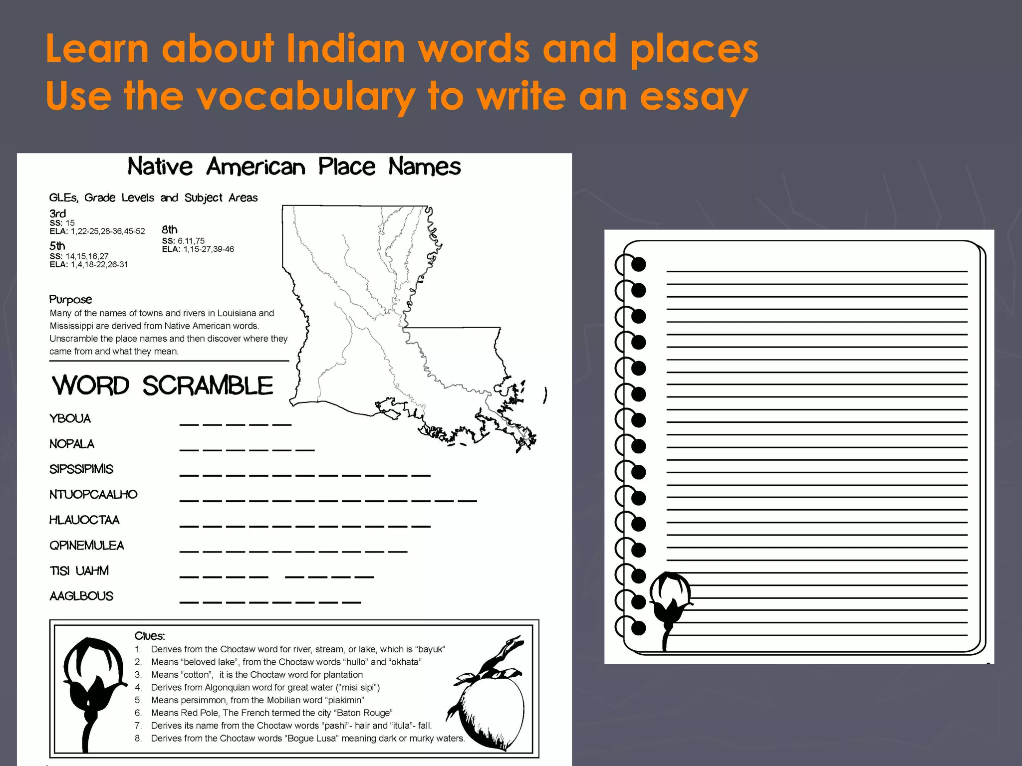 Learn about Indian words and places
Use the vocabulary to write an essay
 