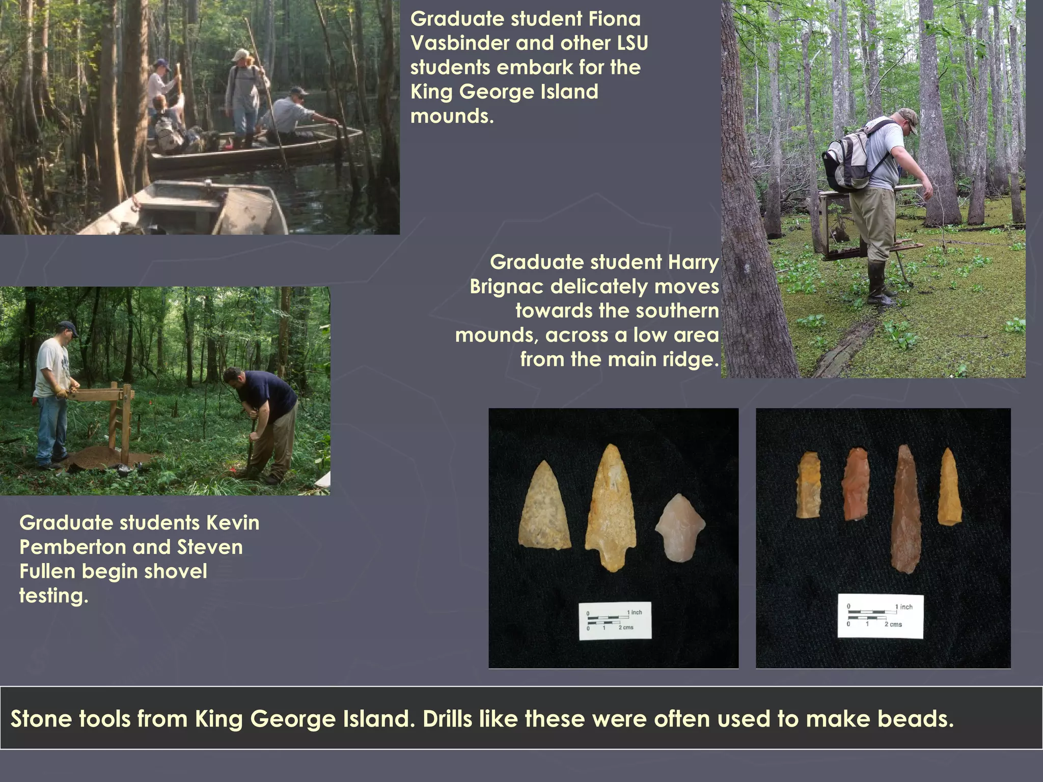 Graduate student Fiona
Vasbinder and other LSU
students embark for the
King George Island
mounds.
Graduate student Harry
Brignac delicately moves
towards the southern
mounds, across a low area
from the main ridge.
Graduate students Kevin
Pemberton and Steven
Fullen begin shovel
testing.
Stone tools from King George Island. Drills like these were often used to make beads.
 