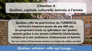 Chantier 4
Québec, capitale culturelle animée à l’année


    Québec, ville du patrimoine de l’UNESCO,
      demeure toujours jeune de ses 400 ans
    en proposant toute sa splendeur sur quatre
  saisons grâce à ses atouts culturels, historiques,
 urbains et à son ambiance chaleureuse et festive.
 Vers une chaîne d’événements continus et intégrés de calibre mondial
                                                                        Photo: Palais Montcalm



       Québec urbaine : ville qui bouge…                                              31
 