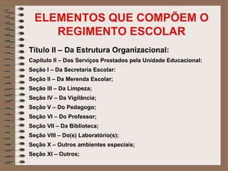 ELEMENTOS QUE COMPÕEM O
     REGIMENTO ESCOLAR
Título II – Da Estrutura Organizacional:
Capítulo II – Dos Serviços Prestados pela Unidade Educacional:
Seção I – Da Secretaria Escolar:
Seção II – Da Merenda Escolar;
Seção III – Da Limpeza;
Seção IV – Da Vigilância;
Seção V – Do Pedagogo;
Seção VI – Do Professor;
Seção VII – Da Biblioteca;
Seção VIII – Do(s) Laboratório(s);
Seção X – Outros ambientes especiais;
Seção XI – Outros;
 