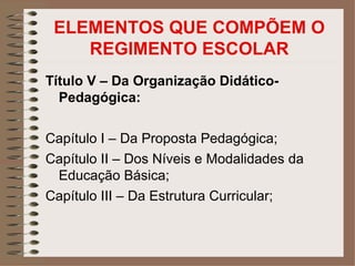 ELEMENTOS QUE COMPÕEM O
    REGIMENTO ESCOLAR
Título V – Da Organização Didático-
  Pedagógica:

Capítulo I – Da Proposta Pedagógica;
Capítulo II – Dos Níveis e Modalidades da
 Educação Básica;
Capítulo III – Da Estrutura Curricular;
 