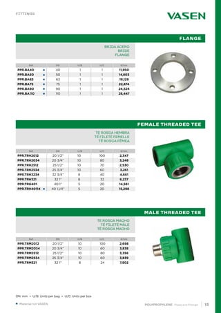 13
POLYPROPYLENE · Pipes and Fittings
Reference DN U/Bag U/Box ¤/Unit
Ref. DN U/B U/C €/Uni.
Ref. DN U/B U/C €/Uni.
Ref. DN U/B U/C €/Uni.
●
●
●
●
●
●
●
PIPE IN BAR PPR 80 SDR 6 / S 2,5 PN20		
TUBE EN BARRE PPR 80 SDR 6 / S 2,5 PN20		
TUBO EM VARA PPR 80 SDR 6 / S 2,5 PN20			 		
BRIDA ACERO
BRIDE
FLANGE
PIPE IN BAR PPR 80 SDR 6 / S 2,5 PN20		
TUBE EN BARRE PPR 80 SDR 6 / S 2,5 PN20		
TUBO EM VARA PPR 80 SDR 6 / S 2,5 PN20			 		
TE ROSCA HEMBRA
TÉ FILETÉ FEMELLE
TÊ ROSCA FÊMEA
PIPE IN BAR PPR 80 SDR 6 / S 2,5 PN20		
TUBE EN BARRE PPR 80 SDR 6 / S 2,5 PN20		
TUBO EM VARA PPR 80 SDR 6 / S 2,5 PN20			 		
TE ROSCA MACHO
TÉ FILETÉ MÂLE
TÊ ROSCA MACHO
		
		
FLANGE
FEMALE THREADED TEE
MALE THREADED TEE
● Material not VASEN.
FITTINGS
DN: mm • U/B: Units per bag • U/C: Units per box
PPR.BA40 40 1 1 11,950
PPR.BA50 50 1 1 14,803
PPR.BA63 63 1 1 19,129
PPR.BA75 75 1 1 22,874
PPR.BA90 90 1 1 24,524
PPR.BA110 110 1 1 28,447
PPR.TRH2012 20 1/2” 10 100 2,347
PPR.TRH2034 20 3/4” 10 80 3,248
PPR.TRH2512 25 1/2” 10 70 2,530
PPR.TRH2534 25 3/4” 10 60 3,261
PPR.TRH3234 32 3/4” 8 40 4,661
PPR.TRH321 32 1” 8 32 6,237
PPR.TRH401 40 1” 5 20 14,561
PPR.TRH40114 40 1.1/4” 5 20 15,298
PPR.TRM2012 20 1/2” 10 100 2,698
PPR.TRM2034 20 3/4” 10 60 3,838
PPR.TRM2512 25 1/2” 10 80 3,356
PPR.TRM2534 25 3/4” 10 60 3,839
PPR.TRM321 32 1” 8 24 7,502
 