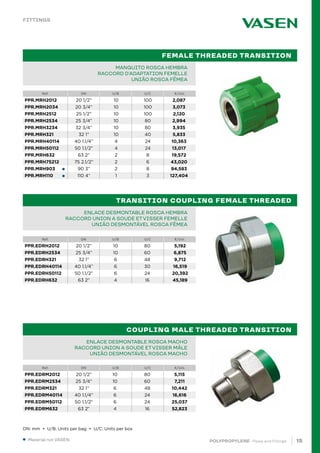 15
POLYPROPYLENE · Pipes and Fittings
Ref. DN U/B U/C €/Uni.
Ref. DN U/B U/C €/Uni.
Ref. DN U/B U/C €/Uni.
●
●
PIPE IN BAR PPR 80 SDR 6 / S 2,5 PN20		
TUBE EN BARRE PPR 80 SDR 6 / S 2,5 PN20		
TUBO EM VARA PPR 80 SDR 6 / S 2,5 PN20			 		
MANGUITO ROSCA HEMBRA
RACCORD D’ADAPTATION FEMELLE
UNIÃO ROSCA FÊMEA
PIPE IN BAR PPR 80 SDR 6 / S 2,5 PN20		
TUBE EN BARRE PPR 80 SDR 6 / S 2,5 PN20		
TUBO EM VARA PPR 80 SDR 6 / S 2,5 PN20			 		
ENLACE DESMONTABLE ROSCA HEMBRA
RACCORD UNION A SOUDE ETVISSER FEMELLE
UNIÃO DESMONTÁVEL ROSCA FÊMEA
PIPE IN BAR PPR 80 SDR 6 / S 2,5 PN20		
TUBE EN BARRE PPR 80 SDR 6 / S 2,5 PN20		
TUBO EM VARA PPR 80 SDR 6 / S 2,5 PN20			 		
ENLACE DESMONTABLE ROSCA MACHO
RACCORD UNION A SOUDE ETVISSER MÂLE
UNIÃO DESMONTÁVEL ROSCA MACHO
		
		
		
		
		
		
FEMALE THREADED TRANSITION
TRANSITION COUPLING FEMALE THREADED
COUPLING MALE THREADED TRANSITION
● Material not VASEN.
FITTINGS
DN: mm • U/B: Units per bag • U/C: Units per box
PPR.MRH2012 20 1/2” 10 100 2,087
PPR.MRH2034 20 3/4” 10 100 3,073
PPR.MRH2512 25 1/2” 10 100 2,120
PPR.MRH2534 25 3/4” 10 80 2,994
PPR.MRH3234 32 3/4” 10 80 3,935
PPR.MRH321 32 1” 10 40 5,833
PPR.MRH40114 40 1.1/4” 4 24 10,363
PPR.MRH50112 50 1.1/2” 4 24 13,017
PPR.MRH632 63 2” 2 8 19,572
PPR.MRH75212 75 2.1/2” 2 6 43,020
PPR.MRH903 90 3” 2 8 94,583
PPR.MRH110 110 4” 1 3 127,404
PPR.EDRH2012 20 1/2” 10 80 5,192
PPR.EDRH2534 25 3/4” 10 60 6,875
PPR.EDRH321 32 1” 6 48 9,712
PPR.EDRH40114 40 1.1/4” 6 30 16,519
PPR.EDRH50112 50 1.1/2” 6 24 20,392
PPR.EDRH632 63 2” 4 16 45,189
PPR.EDRM2012 20 1/2” 10 80 5,115
PPR.EDRM2534 25 3/4” 10 60 7,211
PPR.EDRM321 32 1” 6 48 10,442
PPR.EDRM40114 40 1.1/4” 6 24 16,616
PPR.EDRM50112 50 1.1/2” 6 24 25,037
PPR.EDRM632 63 2” 4 16 52,823
 