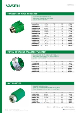 16 POLYPROPYLENE · Pipes and Fittings
Ref. DN U/B U/C €/Uni.
Ref. DN U/B U/C €/Uni.
Ref. DN U/B U/C €/Uni.
●
●
●
PIPE IN BAR PPR 80 SDR 6 / S 2,5 PN20		
TUBE EN BARRE PPR 80 SDR 6 / S 2,5 PN20		
TUBO EM VARA PPR 80 SDR 6 / S 2,5 PN20			 		
ENTRONQUE ROSCA MACHO		
RACCORD D’ADAPTATION MÂLE		
UNIÃO ROSCA MACHO
PIPE IN BAR PPR 80 SDR 6 / S 2,5 PN20		
TUBE EN BARRE PPR 80 SDR 6 / S 2,5 PN20		
TUBO EM VARA PPR 80 SDR 6 / S 2,5 PN20			 		
ENLACE DESMONTABLE SOLDAR-SOLDAR
RACCORD DROIT AVEC ECROU FEMELLE		
UNIÃO ROSCA LOUCA		
PIPE IN BAR PPR 80 SDR 6 / S 2,5 PN20		
TUBE EN BARRE PPR 80 SDR 6 / S 2,5 PN20		
TUBO EM VARA PPR 80 SDR 6 / S 2,5 PN20			 		
ENLACE TUERCA LOCA		
TUBE EN BARRE PPR 80 SDR 6 / S 2,5 PN20		
TUBO EM VARA PPR 80 SDR 6 / S 2,5 PN20			 		
TRANSITION MALE THREADED
METAL COUPLING (PLASTIC/PLASTIC)
NUT ADAPTER
● Material not VASEN.
FITTINGS
DN: mm • U/B: Units per bag • U/C: Units per box
PPR.ERM1612 16 1/2” 10 120 3,070
PPR.ERM2012 20 1/2” 10 120 2,327
PPR.ERM2034 20 3/4” 10 80 3,480
PPR.ERM2512 25 1/2” 10 100 2,407
PPR.ERM2534 25 3/4” 10 80 3,445
PPR.ERM3234 32 3/4” 10 80 4,175
PPR.ERM321 32 1” 10 40 7,785
PPR.ERM40114 40 1.1/4” 4 24 13,661
PPR.ERM50112 50 1.1/2” 4 16 17,035
PPR.ERM632 63 2” 2 8 28,047
PPR.ERM75212 75 2.1/2” 2 6 54,118
PPR.ERM903 90 3” 2 8 90,113
PPR.ERM110 110 4” 1 3 179,762
PPR.EDSS20 20 5 60 5,861
PPR.EDSS25 25 5 60 8,245
PPR.EDSS32 32 5 60 12,518
PPR.EDSS40 40 2 24 24,372
PPR.EDSS50 50 2 24 33,093
PPR.EDSS63 63 2 16 52,360
PPR.ETL2012 20 1/2” 30 150 4,439
PPR.ETL2034 20 3/4” 25 150 5,866
PPR.ETL2534 25 3/4” 20 60 6,566
PPR.ETL251 25 1” 20 60 10,603
PPR.ETL321 32 1” 10 60 12,013
PPR.ETL32114 32 1.1/4” 10 50 17,061
 