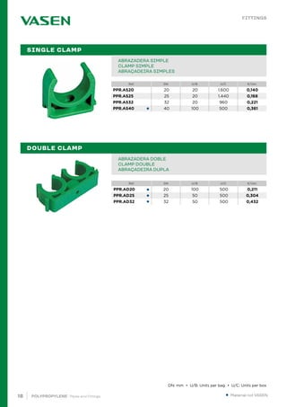 18 POLYPROPYLENE · Pipes and Fittings
Ref. DN U/B U/C €/Uni.
●
●
●
PIPE IN BAR PPR 80 SDR 6 / S 2,5 PN20		
TUBE EN BARRE PPR 80 SDR 6 / S 2,5 PN20		
TUBO EM VARA PPR 80 SDR 6 / S 2,5 PN20			 		
ABRAZADERA DOBLE		
CLAMP DOUBLE		
ABRAÇADEIRA DUPLA		
SINGLE CLAMP
DOUBLE CLAMP		
● Material not VASEN.
FITTINGS
DN: mm • U/B: Units per bag • U/C: Units per box
PIPE IN BAR PPR 80 SDR 6 / S 2,5 PN20		
TUBE EN BARRE PPR 80 SDR 6 / S 2,5 PN20		
TUBO EM VARA PPR 80 SDR 6 / S 2,5 PN20			 		
ABRAZADERA SIMPLE
CLAMP SIMPLE
ABRAÇADEIRA SIMPLES
Ref. DN U/B U/C €/Uni.
●
PPR.AD20 20 100 500 0,211
PPR.AD25 25 50 500 0,304
PPR.AD32 32 50 500 0,432
PPR.AS20 20 20 1.600 0,140
PPR.AS25 25 20 1.440 0,168
PPR.AS32 32 20 960 0,221
PPR.AS40 40 100 500 0,361
 