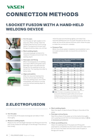 4 POLYPROPYLENE · Pipes and Fittings
CONNECTION METHODS
● Cut the pipe.
Cut the ends of the pipes rectangular and deburr them
thoroughly.
● Measure welding depth.
Measure the vertical length between the fitting end and the
limit circle (measure half length of the fittings if the without
limit circle).
● Cut the pipe.
Cut the pipe at right angles to the
pipe axis. After cutting, make the
surface free from burr and cutting
debris. The pipe end connect with
fittings should be clean, dry, oil-free.
● Mark welding depth.
Use special gauge and pencil to
measure the pipe end and mark the
welding depth.
● Heat pipe and fitting.
When the temperature of welding
tool reach 260ºC (the green lamp
flashing), insert the pipe and the
fitting into the welding tool at the
same time. The heating time refer to
below table.
● Align and weld-in.
After the required heating time
quickly remove pipe and fitting
from the welding tools. Joint them
immediately, and without turning,
until the marked welding depth is
covered.
1.SOCKET FUSION WITH A HAND-HELD
WELDING DEVICE
Hold the pipe and the fitting tightly until reach the
required welding time. Do not push the pipe too far or too
close, as this would reduce the bore, even close the pipe,
or make the connection unstable.
● Pressure Test
When the whole system installation accomplished, carry
out water pressure test, to ensure the connection is
reliable.
2.ELECTROFUSION
Diameters
Minimum
depth
Heating time
Welding
time
Cooling
time
(mm) (mm) (sec.) (sec.) (min.)
20 11 5 4 3
25 12,5 7 4 3
32 14,6 8 4 4
40 17 12 6 4
50 20 18 6 5
63 23,9 24 6 6
75 27,5 30 10 8
90 32 40 10 8
110 38 50 15 10
125 41 55 15 12
160 46 60 15 15
Note: This table is only applied in the situation that
environment temperature is 20ºC. When the environment
temperature is lower than 20ºC, the heating time should
increase properly. If the environment temperature is less
than 5ºC, the heating time should increase 50%.
PP-R PIPE & FITTING HEAT SOCKET FUSION
TECHNICAL REQUIREMENT
● Mark welding depth.
Mark the depth of electrofusion fitting on the ends of the
pipes.
● Peel pipe end surfaces.
Peel the surface of the pipes up to the marks thoroughly
with a peeling tool (0.1-0.2 mm thickness) and deburr. (It is
a necessary procedure).
● Clean up welding area.
Clean the welding area of the pipes and fitting with
isopropanol, completely dry the fusion area with clean cloth.
Do not touch the clean and dry fusion area of pipes or
fittings with hands.
 