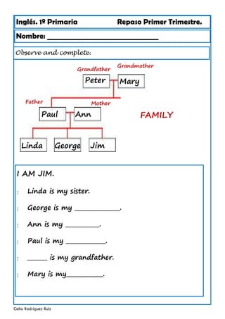 Inglés. 1º Primaria Repaso Primer Trimestre.
Nombre: ________________________________
Celia Rodríguez Ruiz
Observe and complete.
I AM JIM.
 Linda is my sister.
 George is my ________________.
 Ann is my ____________.
 Paul is my ______________.
 _______ is my grandfather.
 Mary is my_____________.
Peter Mary
Paul Ann Rachel John
Linda George Jim Jenny Sarah
Father
Grandmother
FAMILY
Grandfather
Mother
 