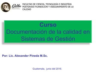 Guatemala, junio del 2016.
Por: Lic. Alexander Pineda M.Sc.
Curso
Documentación de la calidad en
Sistemas de Gestión
FACULTAD DE CIENCIA, TECNOLOGÍA E INDUSTRIA
POSTGRADO PLANEACIÓN Y ASEGURAMIENTO DE LA
CALIDAD
 