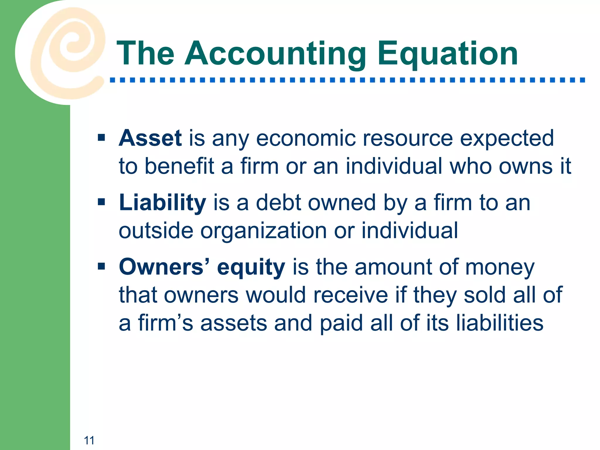 The Accounting Equation

      Asset is any economic resource expected
       to benefit a firm or an individual who owns it
      Liability is a debt owned by a firm to an
       outside organization or individual
      Owners’ equity is the amount of money
       that owners would receive if they sold all of
       a firm’s assets and paid all of its liabilities



11
 