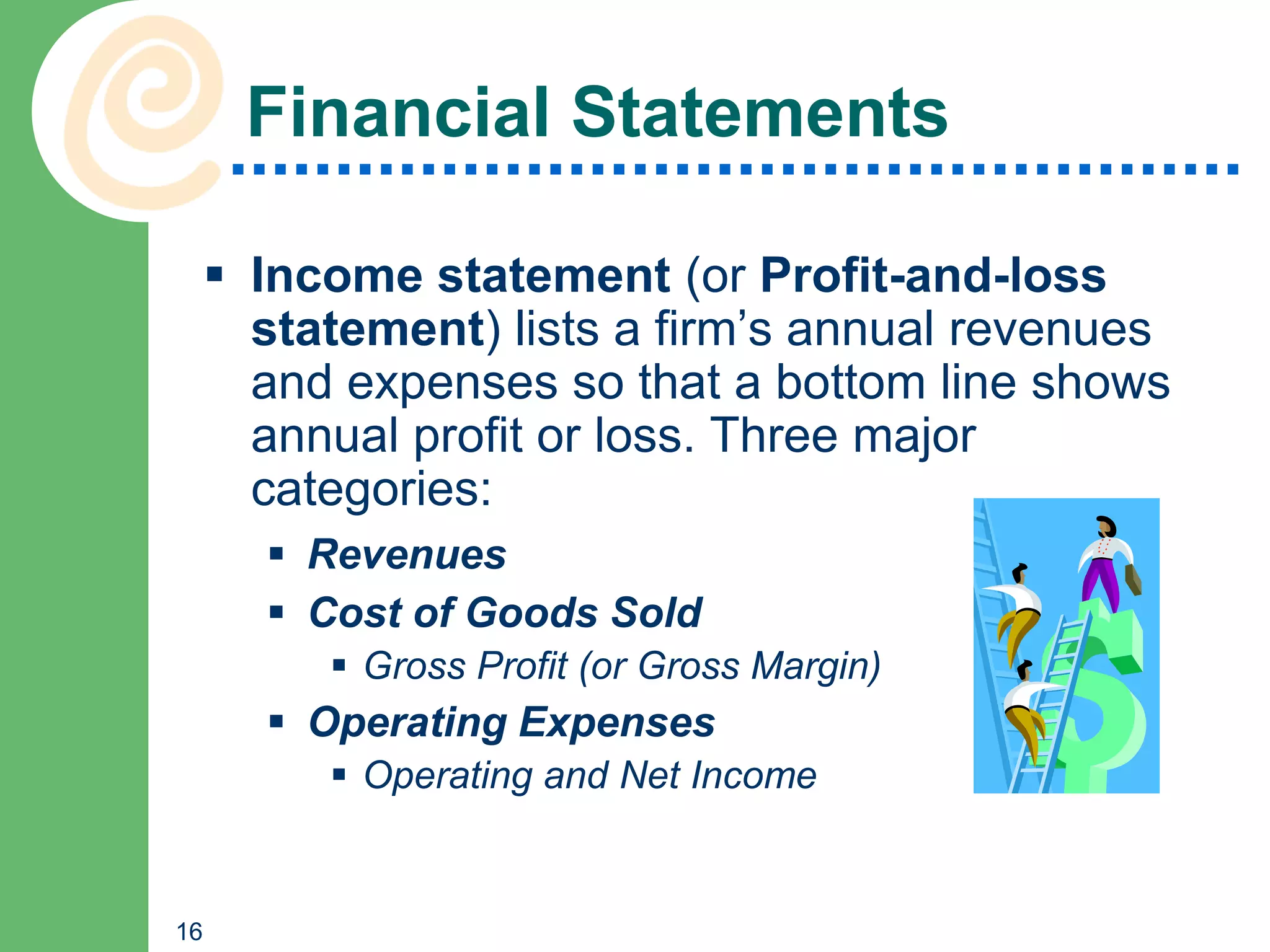 Financial Statements

      Income statement (or Profit-and-loss
       statement) lists a firm’s annual revenues
       and expenses so that a bottom line shows
       annual profit or loss. Three major
       categories:
        Revenues
        Cost of Goods Sold
           Gross Profit (or Gross Margin)
        Operating Expenses
           Operating and Net Income


16
 