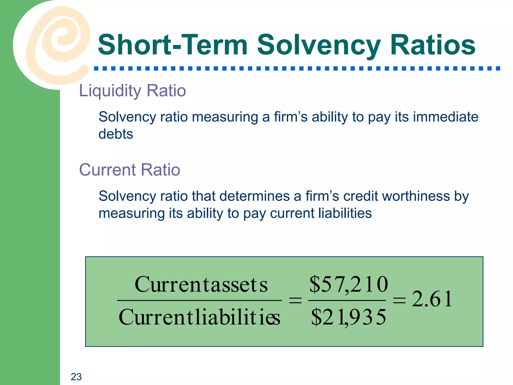 Short-Term Solvency Ratios
 Liquidity Ratio
     Solvency ratio measuring a firm’s ability to pay its immediate
     debts

 Current Ratio
     Solvency ratio that determines a firm’s credit worthiness by
     measuring its ability to pay current liabilities




         Current assets                $57,210
                                                        2.61
        Current liabilities            $21,935

23
 