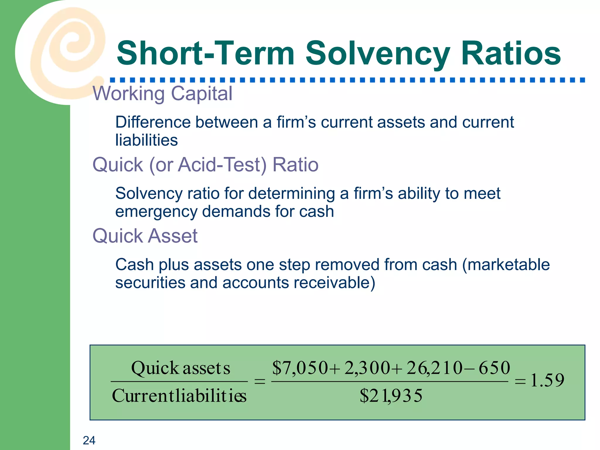 Short-Term Solvency Ratios
 Working Capital
     Difference between a firm’s current assets and current
     liabilities
 Quick (or Acid-Test) Ratio
     Solvency ratio for determining a firm’s ability to meet
     emergency demands for cash
 Quick Asset
     Cash plus assets one step removed from cash (marketable
     securities and accounts receivable)




       Quick assets        $7,050 2,300 26,210 650
                                                   1.59
     Current liabilities            $21,935

24
 