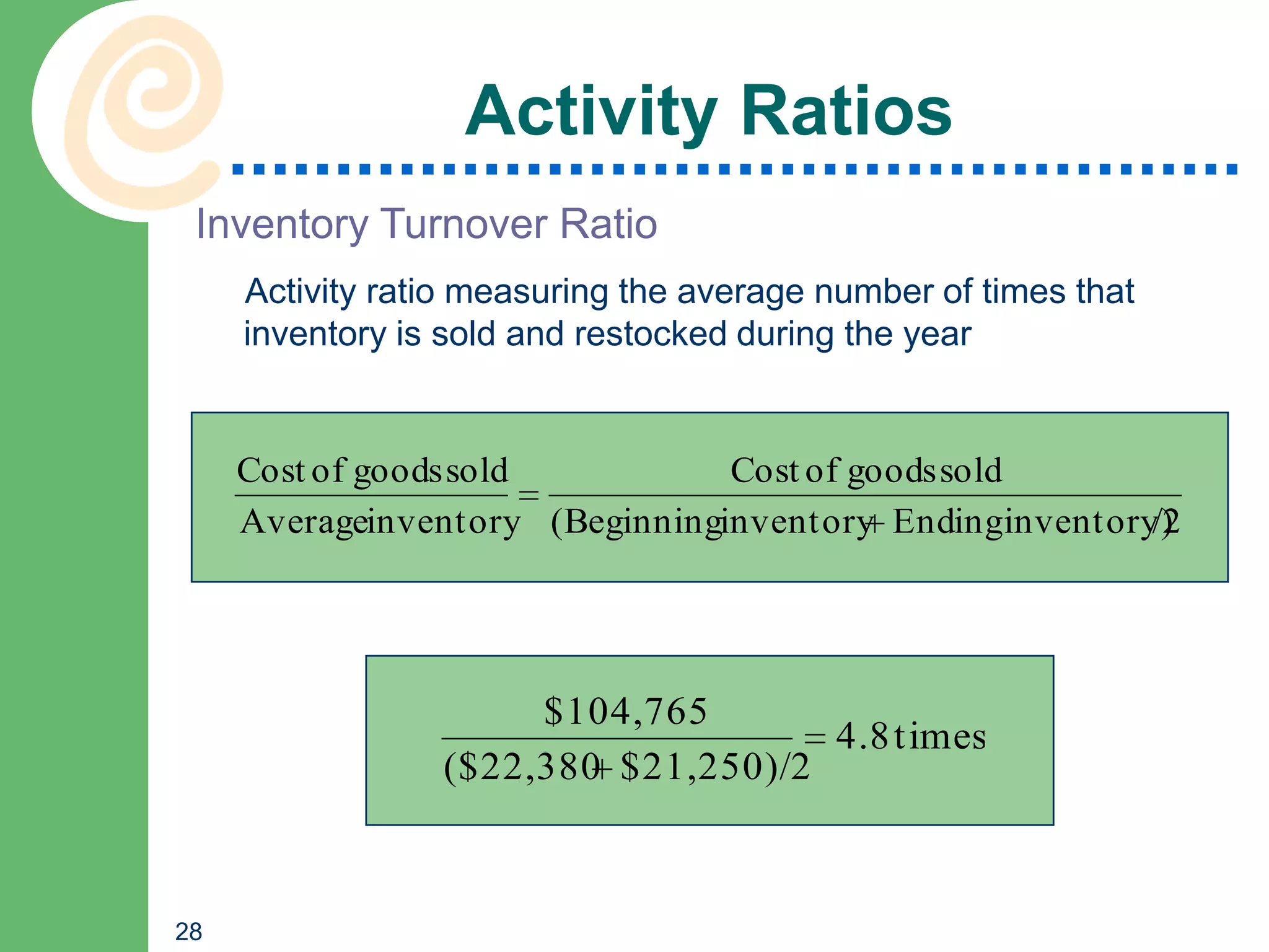 Activity Ratios
 Inventory Turnover Ratio
     Activity ratio measuring the average number of times that
     inventory is sold and restocked during the year


     Cost of goods sold          Cost of goods sold
     Averageinventory (Beginninginventory Endinginventory)
                                                         /2




                      $104,765
                                     4.8 times
                 ($22,380 $21,250)/2



28
 
