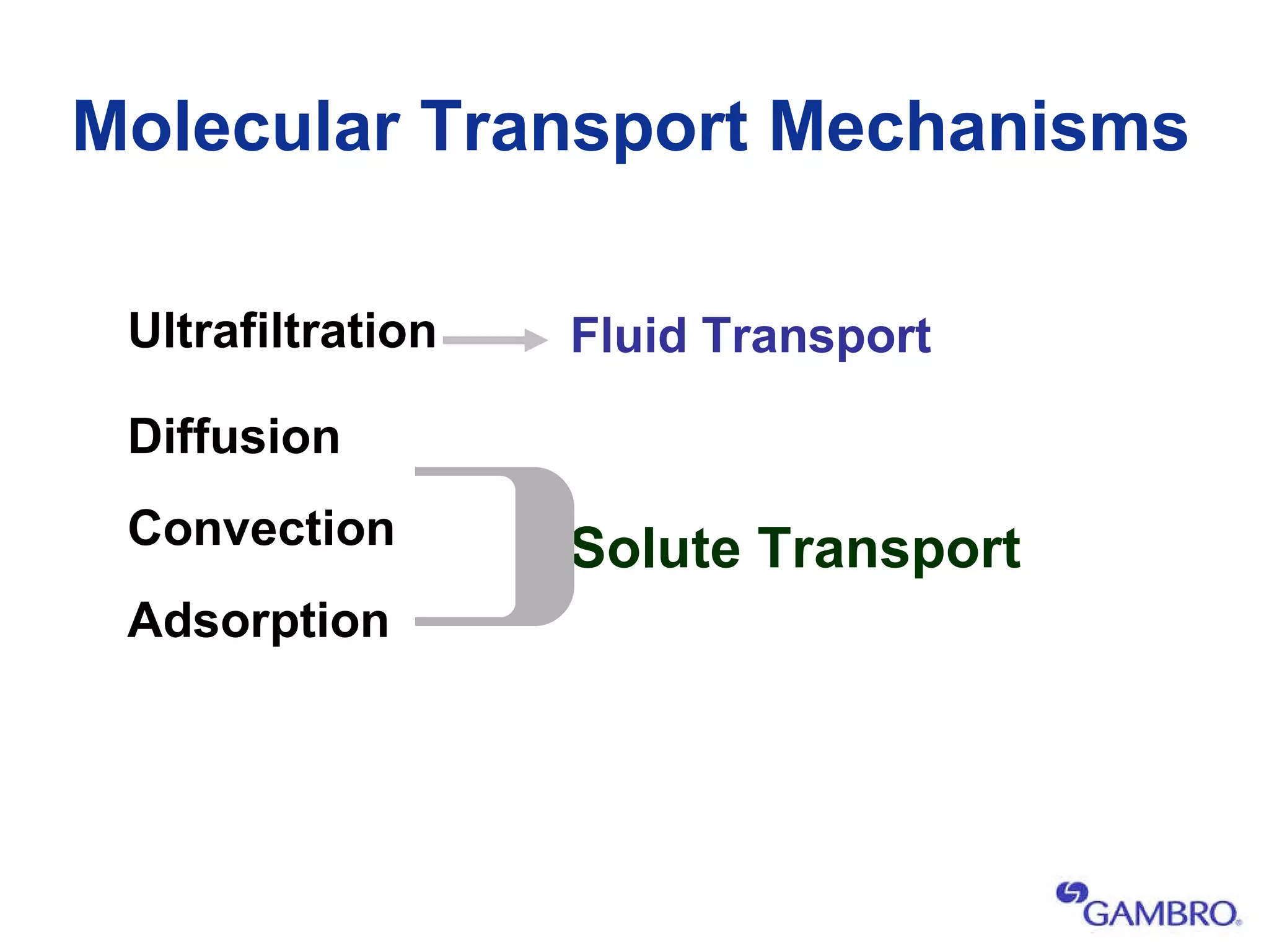 Molecular Transport Mechanisms Ultrafiltration Diffusion Convection Adsorption Fluid Transport Solute Transport } 