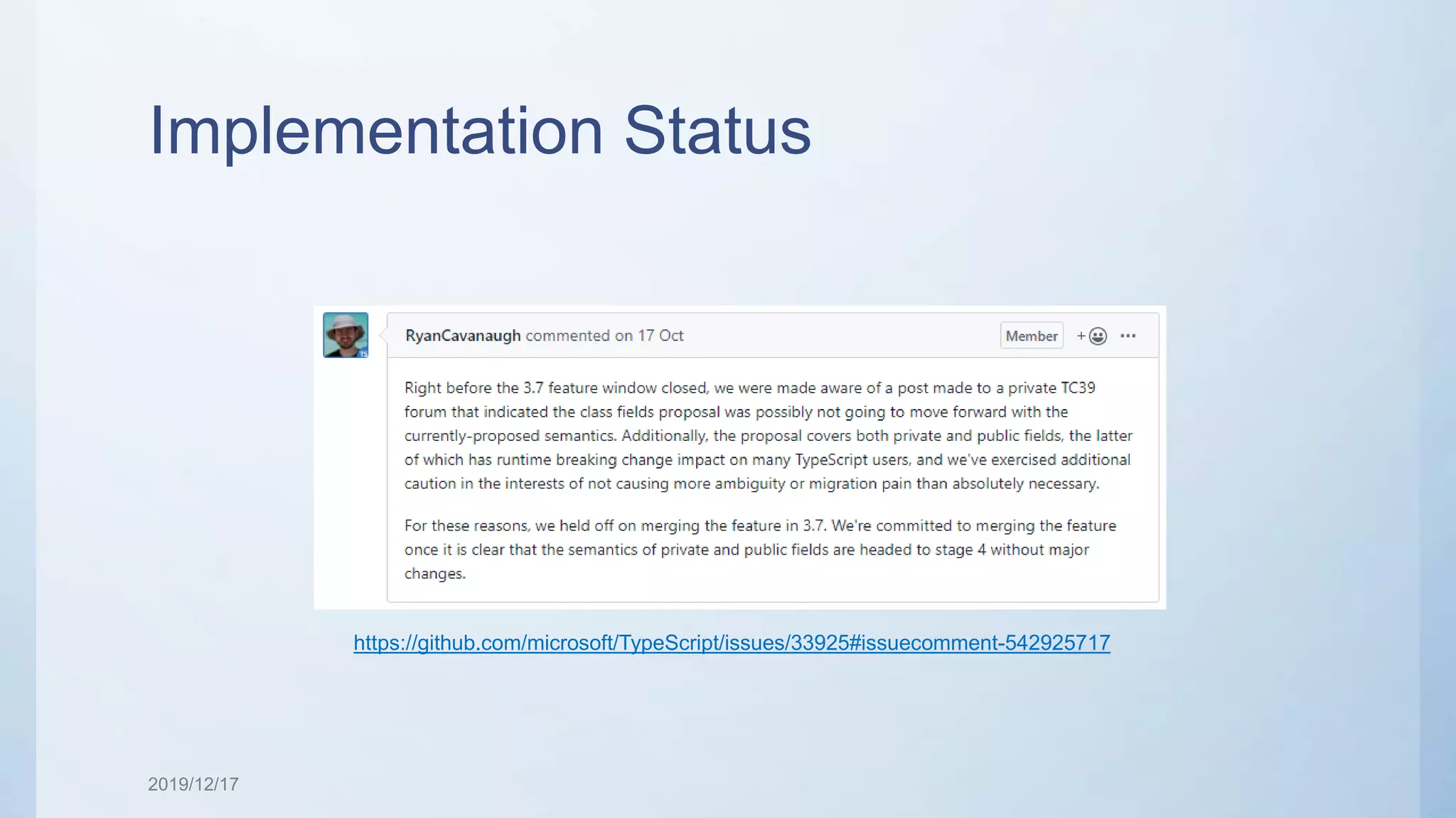 Implementation Status https://github.com/microsoft/TypeScript/issues/33925#issuecomment-542925717 2019/12/17 
