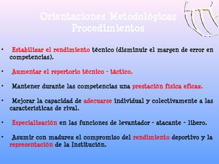 Orientaciones Metodológicas
                    Procedimientos

•    Estabilizar el rendimiento técnico (disminuir el marg...