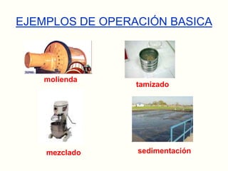 EJEMPLOS DE OPERACIÓN BASICAmoliendatamizadosedimentaciónmezclado