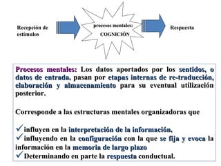 Recepción de estímulos Respuesta procesos mentales: COGNICIÓN Procesos mentales:  Los datos aportados por los  sentidos, o datos de entrada , pasan por  etapas internas   de re-traducción, elaboración y almacenamiento  para su eventual utilización posterior. Corresponde a las estructuras mentales organizadoras que  influyen en la  interpretación de la información , influyendo en la  configuración  con la que  se fija y evoca  la información en la  memoria de largo plazo   Determinando en parte la  respuesta  conductual.  
