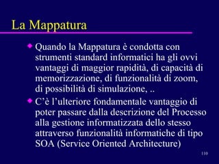 La Mappatura Quando la Mappatura è condotta con strumenti standard informatici ha gli ovvi vantaggi di maggior rapidità, di capacità di  memorizzazione, di funzionalità di zoom, di possibilità di simulazione, ..  C’è l’ulteriore fondamentale vantaggio di poter passare dalla descrizione del Processo alla gestione informatizzata dello stesso attraverso funzionalità informatiche di tipo SOA (Service Oriented Architecture) 