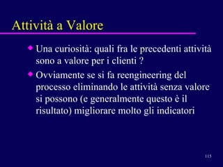 Attività a Valore Una curiosità: quali fra le precedenti attività sono a valore per i clienti ? Ovviamente se si fa reengineering del processo eliminando le attività senza valore si possono (e generalmente questo è il risultato) migliorare molto gli indicatori 