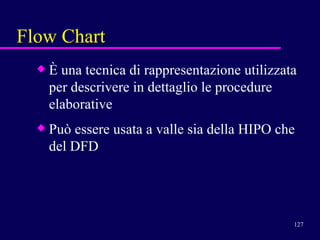 È una tecnica di rappresentazione utilizzata per descrivere in dettaglio le procedure elaborative  Può essere usata a valle sia della HIPO che del DFD  Flow Chart 