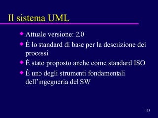 Il sistema UML Attuale versione: 2.0 È lo standard di base per la descrizione dei processi È stato proposto anche come standard ISO È uno degli strumenti fondamentali dell’ingegneria del SW 