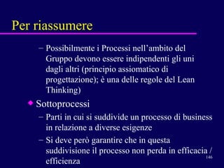 Per riassumere Possibilmente i Processi nell’ambito del Gruppo devono essere indipendenti gli uni dagli altri (principio assiomatico di progettazione); è una delle regole del Lean Thinking) Sottoprocessi Parti in cui si suddivide un processo di business in relazione a diverse esigenze Si deve però garantire che in questa suddivisione il processo non perda in efficacia / efficienza 