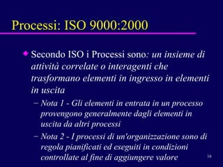 Processi: ISO 9000:2000  Secondo ISO i Processi sono : un insieme di attività correlate o interagenti che trasformano elementi in ingresso in elementi in uscita Nota 1 - Gli elementi in entrata in un processo provengono generalmente dagli elementi in uscita da altri processi Nota 2 - I processi di un'organizzazione sono di regola pianificati ed eseguiti in condizioni controllate al fine di aggiungere valore   