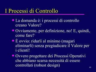 I Processi di Controllo La domanda è: i processi di controllo creano Valore? Ovviamente, per definizione, no! E, quindi, come fare?  È ovvio: ridurli al minimo (magari eliminarli) senza pregiudicare il Valore per i clienti!  Ovvero progettare dei Processi Operativi che abbiano scarsa necessità di essere controllati (robust design) 