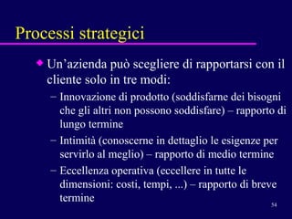 Processi strategici Un’azienda può scegliere di rapportarsi con il cliente solo in tre modi: Innovazione di prodotto (soddisfarne dei bisogni che gli altri non possono soddisfare) – rapporto di lungo termine Intimità (conoscerne in dettaglio le esigenze per servirlo al meglio) – rapporto di medio termine Eccellenza operativa (eccellere in tutte le dimensioni: costi, tempi, ...) – rapporto di breve termine 