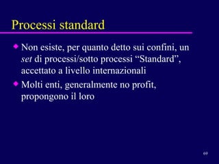 Processi standard Non esiste, per quanto detto sui confini, un  set  di processi/sotto processi “Standard”, accettato a livello internazionali Molti enti, generalmente no profit, propongono il loro 