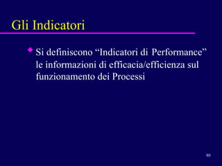 Gli Indicatori Si definiscono “Indicatori di   Performance”   le informazioni di efficacia/efficienza sul funzionamento dei Processi 