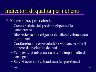 Indicatori di qualità per i clienti Ad esempio, per i clienti: Caratteristiche del prodotto rispetto alla concorrenza Rispondenza alle esigenze dei clienti valutata con questionari  Conformità alle caratteristiche valutata tramite il numero dei reclami e dei resi Tempestività misurata tramite il tempo medio di consegna Servizi accessori valutati tramite questionari ….. 