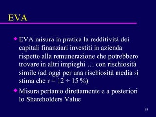 EVA EVA misura in pratica la redditività dei capitali finanziari investiti in azienda rispetto alla remunerazione che potrebbero trovare in altri impieghi … con rischiosità simile (ad oggi per una rischiosità media si stima che r = 12  ÷ 15 %)   Misura pertanto direttamente e a posteriori lo Shareholders Value 
