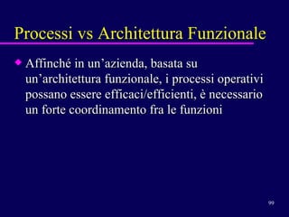 Processi vs Architettura Funzionale Affinché in un’azienda, basata su un’architettura funzionale, i processi operativi possano essere efficaci/efficienti, è necessario un forte coordinamento fra le funzioni 