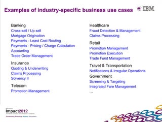 Examples of industry-specific business use cases

  Banking                                   Healthcare
  Cross-sell / Up sell                      Fraud Detection & Management
  Mortgage Origination                      Claims Processing
  Payments - Least Cost Routing
                                            Retail
  Payments - Pricing / Charge Calculation
                                            Promotion Management
  Accounting
                                            Promotion Execution
  Trade Order Management
                                            Trade Fund Management
  Insurance
                                            Travel & Transportation
  Quoting & Underwriting
                                            Notifications & Irregular Operations
  Claims Processing
  Solvency II
                                            Government
                                            Screening & Targeting
  Telecom                                   Integrated Fare Management
  Promotion Management                      …
 