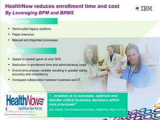 HealthNow reduces enrollment time and cost
By Leveraging BPM and BRMS
     Challenge
      Hard-coded legacy systems
      Paper-intensive
      Manual and disjointed processes


     Results
      Speed to market gains of over 50%
      Reduction in enrollment time and administrative costs
      End-to-end process visibility resulting in greater clarity,
       accuracy and consistency
      Increased collaboration between business and IT




                                    “…enabled us to automate, optimize and
                                    monitor critical business decisions within
                                    core processes”
                                    John Walsh, Chief Enterprise Architect, HealthNow New York Inc
38
 
