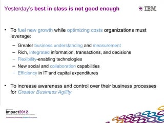 Yesterday’s best in class is not good enough


• To fuel new growth while optimizing costs organizations must
  leverage:
   – Greater business understanding and measurement
   – Rich, integrated information, transactions, and decisions
   – Flexibility-enabling technologies
   – New social and collaboration capabilities
   – Efficiency in IT and capital expenditures

• To increase awareness and control over their business processes
  for Greater Business Agility
 