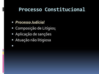 Processo Constitucional
 ProcessoJudicial
 Composição de Litígios;
 Aplicação de sanções
 Atuação não litigiosa

 