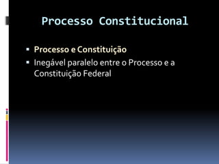 Processo Constitucional
 Processo e Constituição
 Inegável paralelo entre o Processo e a
Constituição Federal
 
