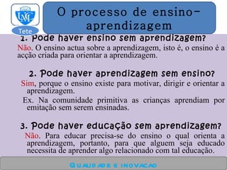 1. Pode haver ensino sem aprendizagem? Não . O ensino actua sobre a aprendizagem, isto  é , o ensino  é  a acção criada para orientar a aprendizagem. 2. Pode haver aprendizagem sem ensino? Sim , porque o ensino existe para motivar, dirigir e orientar a aprendizagem. Ex. Na comunidade primitiva as crianças aprendiam por emitação sem serem ensinadas. 3. Pode haver educação sem aprendizagem? Não . Para educar precisa-se do ensino o qual orienta a aprendizagem, portanto, para que alguem seja educado necessita de aprender algo relacionado com tal educação. Qualidade e inovacao O processo de ensino- aprendizagem Tete  
