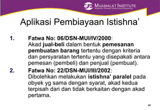 MUAMALAT INSTITUTE
RESEARCH, TRAINING, CONSULTING & PUBLICATION
Aplikasi Pembiayaan Istishna’
1. Fatwa No: 06/DSN-MUI/IV/2000:
Akad jual-beli dalam bentuk pemesanan
pembuatan barang tertentu dengan kriteria
dan persyaratan tertentu yang disepakati antara
pemesan (pembeli) dan penjual (pembuat).
2. Fatwa No: 22/DSN-MUI/III/2002:
Dibolehkan melakukan istishna’ paralel pada
obyek yg sama dengan syarat, akad kedua
terpisah dari dan tidak berkaitan dengan akad
pertama.
20
 