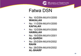 MUAMALAT INSTITUTE
RESEARCH, TRAINING, CONSULTING & PUBLICATION
Fatwa DSN
• No: 10/DSN-MUI/IV/2000
WAKALAH
• No: 11/DSN-MUI/IV/2000
KAFALAH
• No: 12/DSN-MUI/IV/2000
HAWALAH
• No: 19/DSN-MUI/IV/2001
AL-QARDH
• No: 25/DSN-MUI/III/2002
RAHN
• No: 28/DSN-MUI/III/2002
AL-SHARF
61
 
