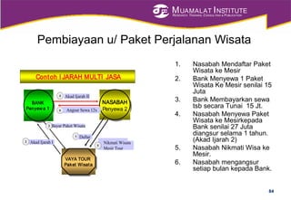 MUAMALAT INSTITUTE
RESEARCH, TRAINING, CONSULTING & PUBLICATION
Pembiayaan u/ Paket Perjalanan Wisata
1. Nasabah Mendaftar Paket
Wisata ke Mesir
2. Bank Menyewa 1 Paket
Wisata Ke Mesir senilai 15
Juta
3. Bank Membayarkan sewa
tsb secara Tunai 15 Jt.
4. Nasabah Menyewa Paket
Wisata ke Mesirkepada
Bank senilai 27 Juta
diangsur selama 1 tahun.
(Akad Ijarah 2)
5. Nasabah Nikmati Wisa ke
Mesir.
6. Nasabah mengangsur
setiap bulan kepada Bank.
Contoh I JARAH MULTI JASA
BANK
Penyew a 1
BANK
Penyew a 1
NASABAH
Penyewa 2
NASABAH
Penyewa 2
VAYA TOUR
Paket Wisata
VAYA TOUR
Paket Wisata
5
Akad Ijarah I
3
6
2
Bayar Paket Wisata
Angsur Sewa 12x
4 Akad Ijarah II
1 Daftar
Nikmati Wisata
Mesir Tour
84
 
