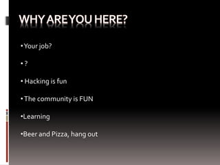 • Your job?

•?

• Hacking is fun

• The community is FUN

•Learning

•Beer and Pizza, hang out
 